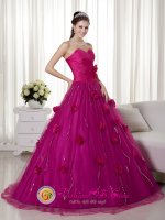 Remarkable Brush Train and Hand Made Flowers Goodland Kansas/KS Quinceanera Dress With Fuchsia Sweetheart