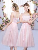 Popular Tulle Sleeveless Tea Length Court Dresses for Sweet 16 and Lace and Belt