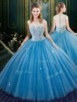 Custom Design Floor Length Blue Sweet 16 Quinceanera Dress Tulle Sleeveless Lace