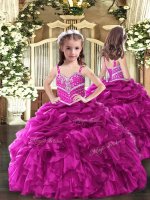 Elegant Straps Sleeveless Kids Pageant Dress Floor Length Beading and Ruffles Fuchsia Organza