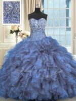 Eye-catching Blue Lace Up Quinceanera Gown Beading and Ruffles Sleeveless Brush Train