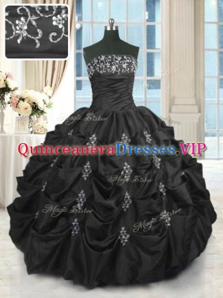 Black Taffeta Lace Up Strapless Sleeveless Floor Length Quinceanera Gowns Beading and Lace and Appliques and Pick Ups