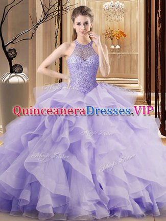 Lavender Sleeveless Sweep Train Beading and Ruffles Quinceanera Dress