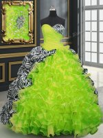 Flare Sweetheart Sleeveless 15 Quinceanera Dress With Brush Train Beading and Ruffles and Pattern Yellow Green Organza and Printed