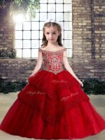 Custom Design Off The Shoulder Sleeveless Lace Up Pageant Dress Red Tulle
