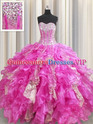 Lovely Visible Boning Sleeveless Lace Up Floor Length Beading and Ruffles and Sequins Quinceanera Dress
