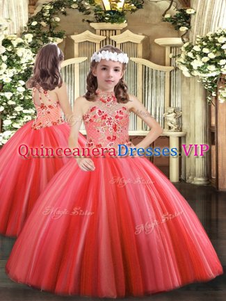 Halter Top Sleeveless Girls Pageant Dresses Floor Length Appliques Coral Red Tulle