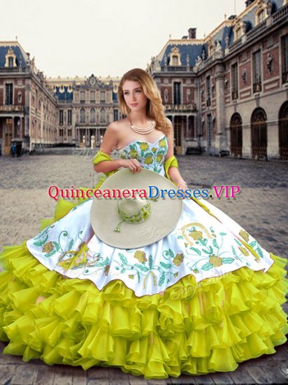 Ideal Yellow Green Lace Up Sweetheart Embroidery and Ruffled Layers Quinceanera Gown Organza and Taffeta Sleeveless - Click Image to Close