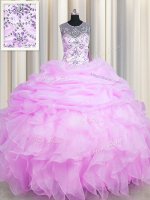 Exceptional See Through Lilac Lace Up Scoop Beading and Ruffles and Pick Ups Military Ball Gowns Organza Sleeveless