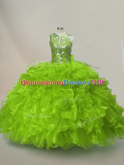 Green Organza Lace Up Sweet 16 Dresses Sleeveless Floor Length Ruffles and Sequins - Click Image to Close