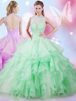 New Arrival Apple Green Ball Gowns High-neck Sleeveless Tulle Floor Length Lace Up Beading and Ruffles 15th Birthday Dress