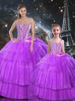 Purple Sweet 16 Quinceanera Dress Military Ball and Sweet 16 and Quinceanera with Beading and Ruffled Layers Sweetheart Sleeveless Lace Up