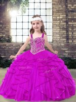 Latest Fuchsia Tulle Lace Up Straps Sleeveless Floor Length Girls Pageant Dresses Beading and Ruffles(SKU PAG1244-1BIZ)