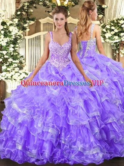 Traditional Sleeveless Floor Length Beading and Ruffled Layers Lace Up Sweet 16 Dresses with Lavender - Click Image to Close