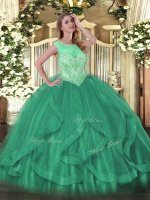 Deluxe Turquoise Tulle Lace Up Sweet 16 Dress Sleeveless Floor Length Beading and Ruffles