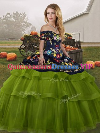 Olive Green Off The Shoulder Neckline Embroidery and Ruffled Layers 15th Birthday Dress Sleeveless Lace Up