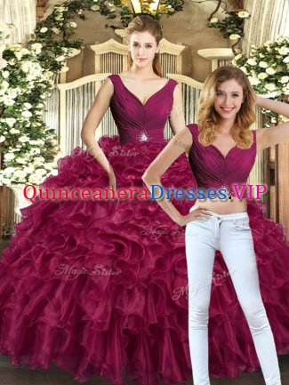 Floor Length Burgundy Ball Gown Prom Dress V-neck Sleeveless Backless