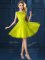 New Style Yellow Tulle Lace Up Vestidos de Damas Cap Sleeves Knee Length Lace and Appliques