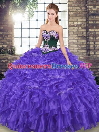 Suitable Purple Sweet 16 Dress Organza Sweep Train Sleeveless Embroidery and Ruffles