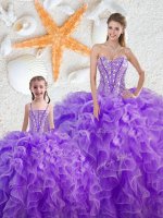 Organza Sweetheart Sleeveless Lace Up Beading and Ruffles Sweet 16 Dress in Purple