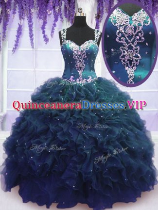 Best Selling Straps Sleeveless Floor Length Beading and Ruffles Zipper Vestidos de Quinceanera with Navy Blue