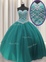 Lovely Sequins Floor Length Teal Quinceanera Dresses Sweetheart Sleeveless Lace Up