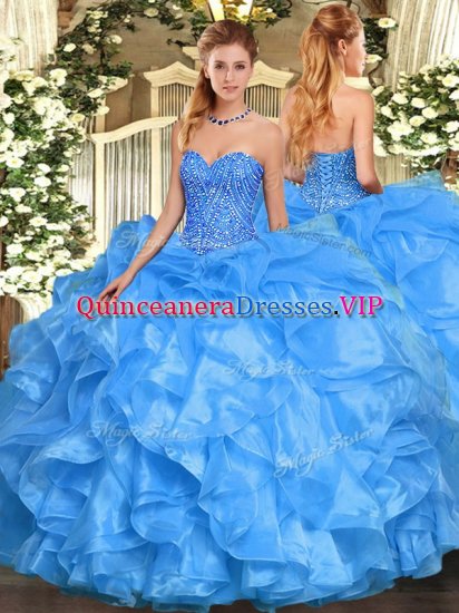 Baby Blue Organza Lace Up Sweetheart Sleeveless Floor Length Sweet 16 Dresses Beading and Ruffles - Click Image to Close