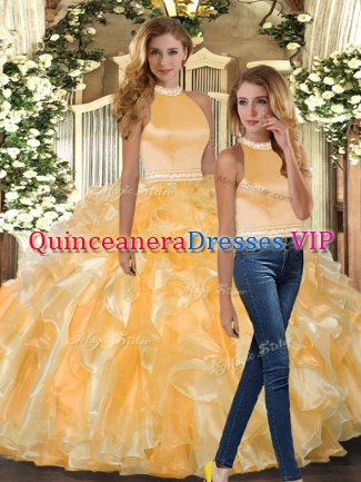 Sweet Gold Halter Top Backless Beading and Ruffles Ball Gown Prom Dress Sleeveless