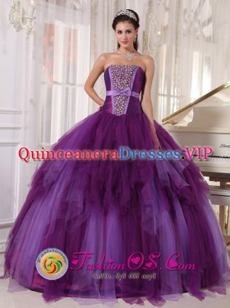 Mount Sterling Kentucky/KY Tulle Beading and Bowknot For Elegant Strapless Purple ruffled Quinceanera Dress