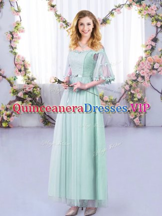 Off The Shoulder Half Sleeves Dama Dress for Quinceanera Floor Length Lace and Belt Light Blue Tulle