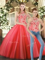 Decent Coral Red Lace Up Halter Top Embroidery Quinceanera Gown Tulle Sleeveless