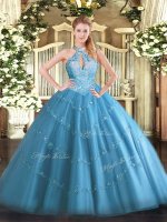 Floor Length Ball Gowns Sleeveless Baby Blue Quinceanera Gowns Lace Up