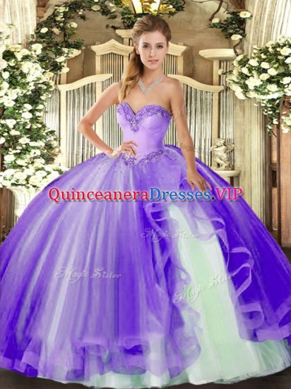 Sumptuous Floor Length Lavender Court Dresses for Sweet 16 Tulle Sleeveless Beading and Ruffles - Click Image to Close