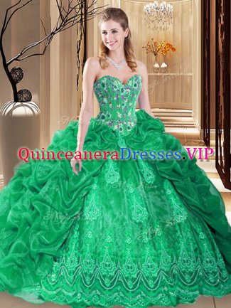 Flare Green Organza Lace Up 15 Quinceanera Dress Sleeveless Court Train Embroidery and Pick Ups