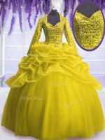 Superior Yellow Organza Zipper Ball Gown Prom Dress Long Sleeves Floor Length Sequins and Pick Ups
