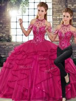Chic Fuchsia Lace Up Halter Top Beading and Ruffles Sweet 16 Quinceanera Dress Tulle Sleeveless