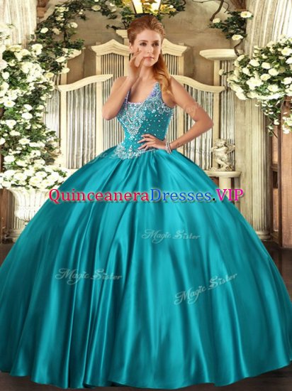 Teal Lace Up Straps Beading Quinceanera Dress Satin Sleeveless - Click Image to Close