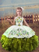 Olive Green Scoop Lace Up Embroidery and Ruffles Little Girls Pageant Dress Wholesale Sleeveless