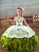 Olive Green Scoop Lace Up Embroidery and Ruffles Little Girls Pageant Dress Wholesale Sleeveless(SKU XBLD015-3BIZ)