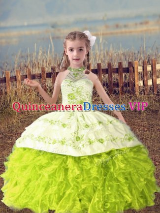 Custom Designed Yellow Green Sleeveless Floor Length Beading and Embroidery and Ruffles Lace Up Pageant Dress