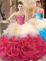 Red Sleeveless Floor Length Beading and Ruffles Lace Up Vestidos de Quinceanera