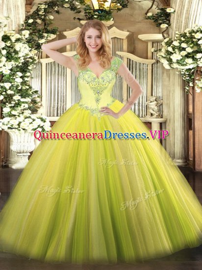 Yellow Green V-neck Neckline Beading and Ruffles 15th Birthday Dress Sleeveless Lace Up - Click Image to Close