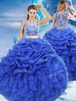 Two Pieces Quinceanera Gowns Royal Blue Scoop Organza Sleeveless Floor Length Zipper