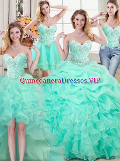 Four Piece Sweetheart Sleeveless Sweet 16 Dress Floor Length Beading and Ruffles and Pick Ups Apple Green Organza - Click Image to Close