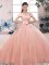 Pink Tulle Lace Up Off The Shoulder Short Sleeves Floor Length 15 Quinceanera Dress Lace and Hand Made Flower