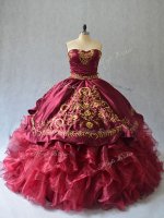 Burgundy Organza Lace Up 15th Birthday Dress Sleeveless Brush Train Beading and Embroidery