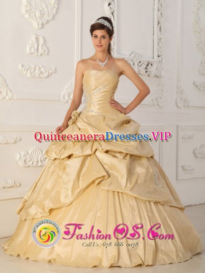 Linkoping Sweden A-Line / Princess Champagne Pick-ups Beading and Hand Made Flowers Strapless Quinceanera Dress - Click Image to Close