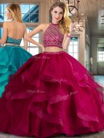 High Class Halter Top Sleeveless Tulle Sweet 16 Dress Beading and Ruffles Brush Train Backless(SKU SXQD025BIZ)