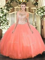 Super Scoop Sleeveless Ball Gown Prom Dress Floor Length Beading Watermelon Red Tulle