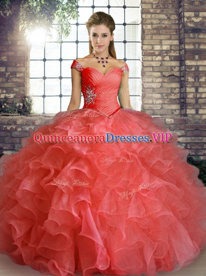 Glittering Watermelon Red Off The Shoulder Neckline Beading and Ruffles Quinceanera Gown Sleeveless Lace Up - Click Image to Close